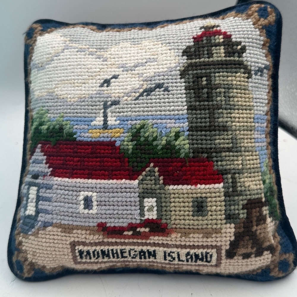 Monhegan Island Maine Needlepoint Pillow 7" Square Blue Velvet Back Lighthouse